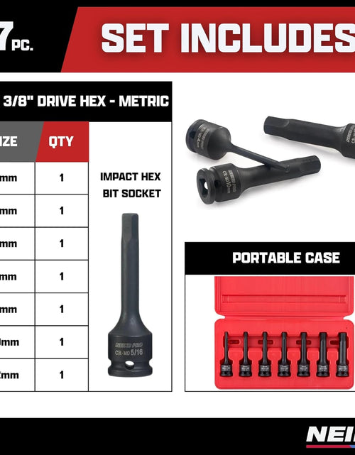 Load image into Gallery viewer, 01130B 3/8" Drive Allen Socket Set, 7 Piece, 3 Inch, 3/8” Impact Hex Bit Socket Set, Metric Hex Driver 4 Mm to 12 Mm, Chrome-Moly Cr-Mo Impact Grade
