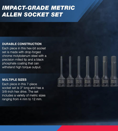 01130B 3/8" Drive Allen Socket Set, 7 Piece, 3 Inch, 3/8” Impact Hex Bit Socket Set, Metric Hex Driver 4 Mm to 12 Mm, Chrome-Moly Cr-Mo Impact Grade