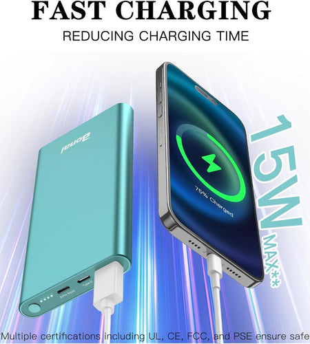 Portable Charger,  Power Bank 12000Mah Aluminum(Travel)(Powerful) USB C High Speed 3.0A Input/Output Compatible Iphone 13/13 Pro Max/12/12 PM, Samsung, Ipad - Mint (8 Pin Charging Cable Included)