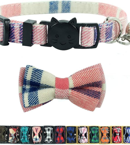 Cat Collar Breakaway with Bell and Bow Tie, Plaid Design Adjustable Safety Kitty Kitten Collars(6.8-10.8In)(Pink Plaid 2)