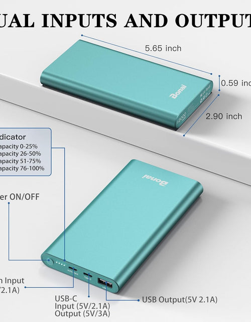 Load image into Gallery viewer, Portable Charger,  Power Bank 12000Mah Aluminum(Travel)(Powerful) USB C High Speed 3.0A Input/Output Compatible Iphone 13/13 Pro Max/12/12 PM, Samsung, Ipad - Mint (8 Pin Charging Cable Included)
