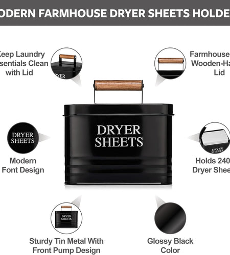 Modern Farmhouse Metal Laundry Dryer Sheets Holder Fabric Softener Dispenser with Lid for Laundry Room Decor and Accessories and Space Saving Laundry Organization and Storage, Glossy Black