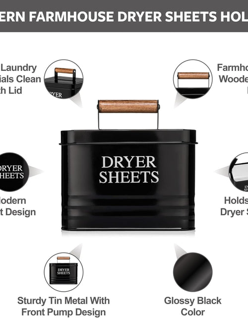 Load image into Gallery viewer, Modern Farmhouse Metal Laundry Dryer Sheets Holder Fabric Softener Dispenser with Lid for Laundry Room Decor and Accessories and Space Saving Laundry Organization and Storage, Glossy Black
