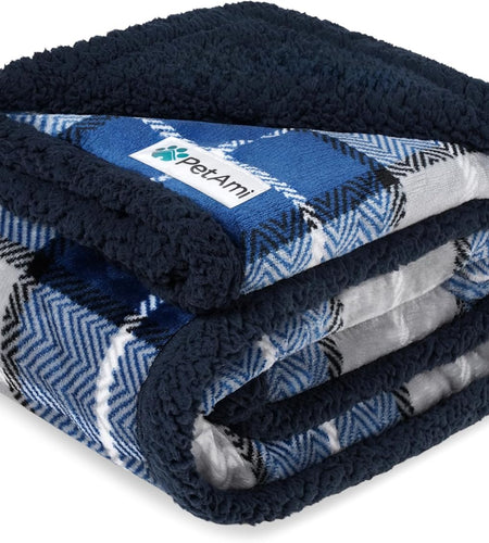 Waterproof Dog Blanket for Small Medium Dog, Pet Puppy Blanket Couch Cover Protection, Sherpa Fleece Cat Blanket Couch Sofa Bed Furniture Protector Reversible Soft Washable 29X40 Plaid Navy