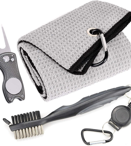 Microfiber Waffle Pattern Golf Towel | Club Groove Cleaner Brush | Foldable Divot Tool with Magnetic Ball Marker