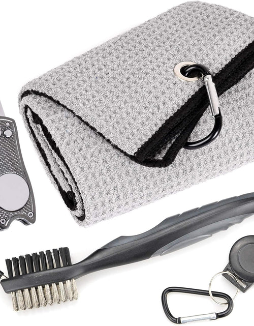 Load image into Gallery viewer, Microfiber Waffle Pattern Golf Towel | Club Groove Cleaner Brush | Foldable Divot Tool with Magnetic Ball Marker
